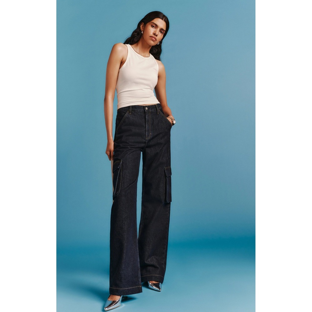 Reformation Wilder Cargo Jeans Women 27 High Rise Wide Leg Dark  Blue Tencel